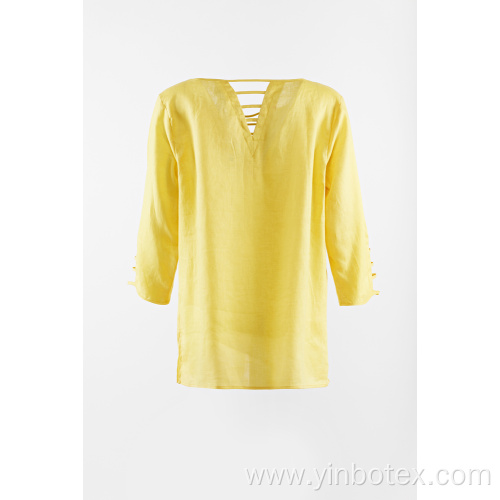 Linen solid blouse in color yellow